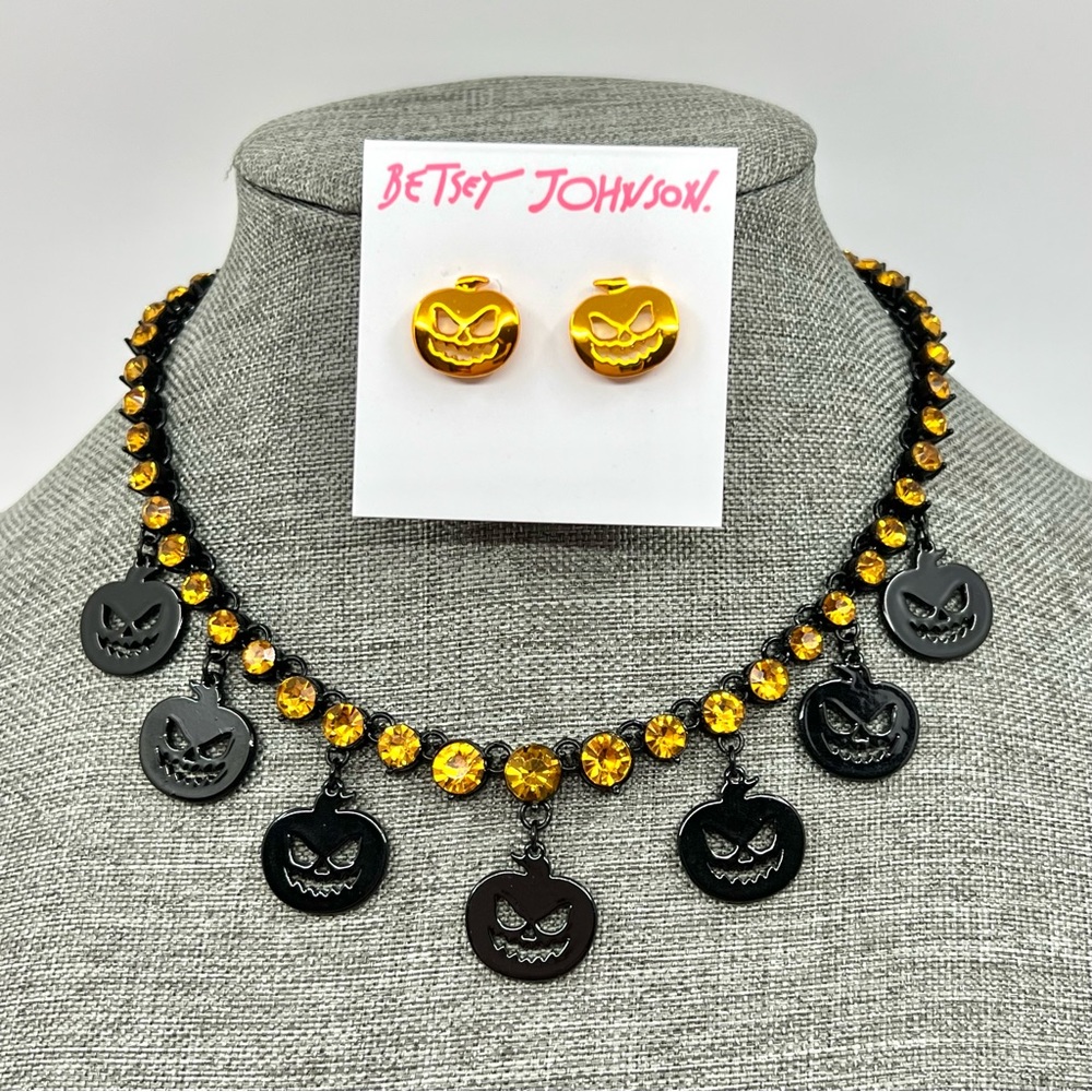 Betsey Johnson ‘Punk n Spice’ Black Necklace & Orange Pumpkin Earrings NWT/HTF!